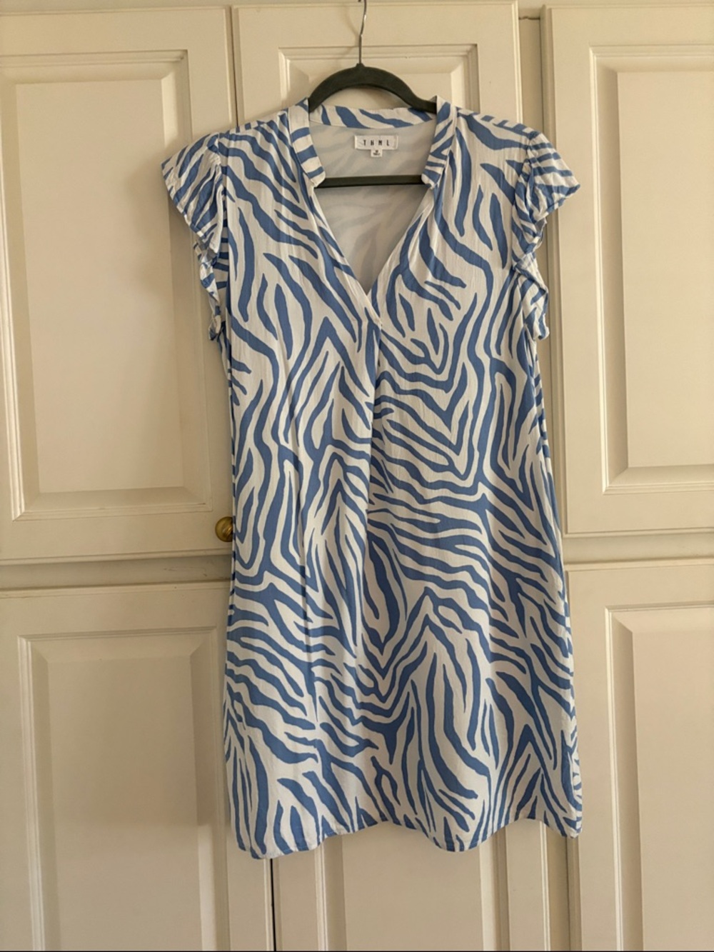 THML Blue and White Zebra-Print V-Neck Mini Dress